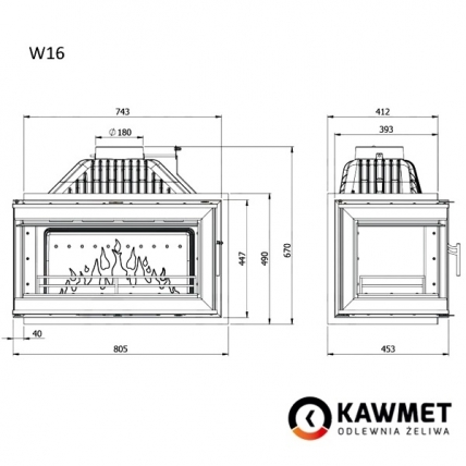 Камінна топка KAWMET W16 з лівим боковим склом без рами (14.7 kW)